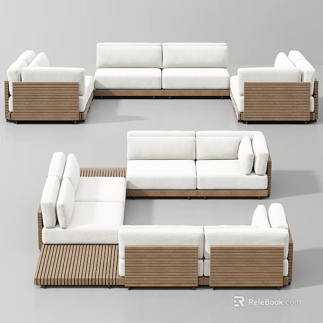 Modern Outdoor Sofa Sectional with Wooden Frame and White Cushions 3d model 