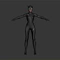 Catwoman In Black Bodysuit With Cat Ear Mask Arms Outstretched Against Gray Background