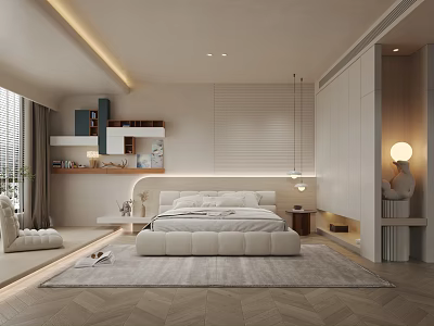 Modern Bedroom Interior Design With White Bed Herringbone Floor Area Rug And Pendant Lights 3d model
