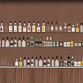 Wine Bottles And Glasses Neatly Arranged On Wooden Shelves With Brown Background