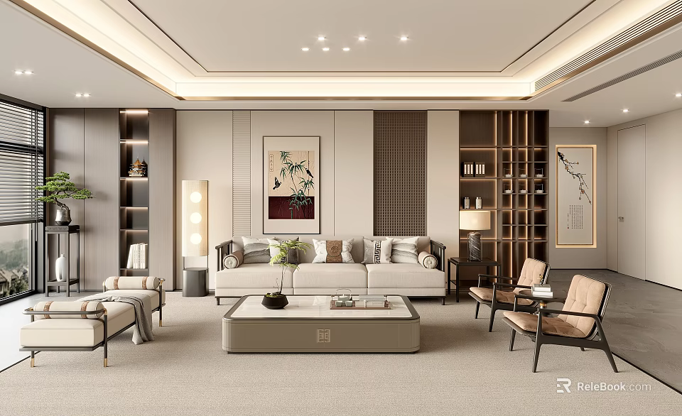 Elegant Modern Living Room Interior With Beige Sofa Coffee Table Floor Lamp And Bookshelves 3d model 