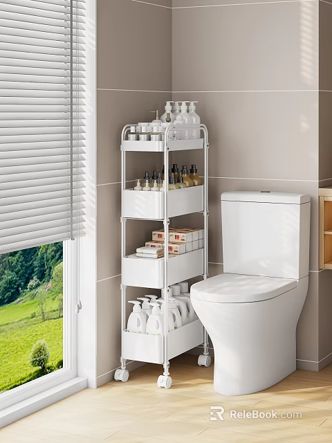 White Multi Tier Bathroom Storage Shelf With Toiletries Next To Toilet And Window 3d model 