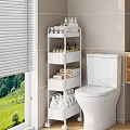 White Multi Tier Bathroom Storage Shelf With Toiletries Next To Toilet And Window