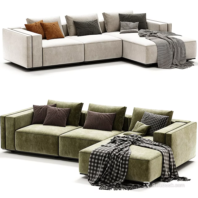 Modern Sectional Sofa in Neutral and Green with Colorful Patterned Cushions and Plaid Throw Blanket 3d model 