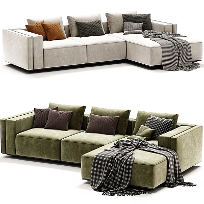 Modern Sectional Sofa in Neutral and Green with Colorful Patterned Cushions and Plaid Throw Blanket 3d model