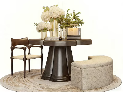 Elegant Interior Setting With Round Table Vases Green Plants Chair Ottoman And Rug 3d model