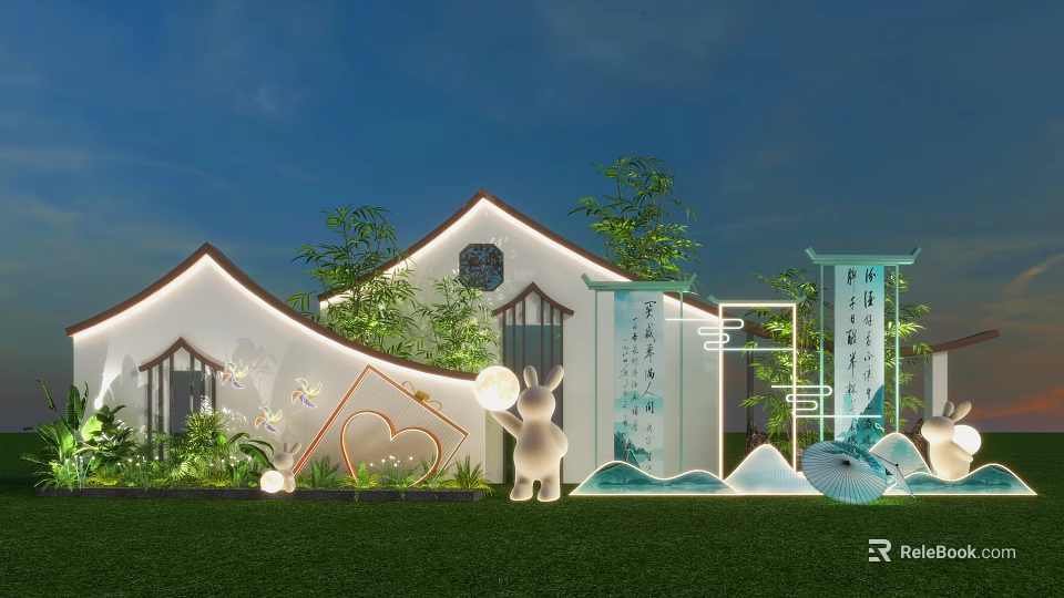 Floral Art Installation in Chinese style Courtyard With Rabbit Sculpture Greenery And Calligraphy Screens 3d model 