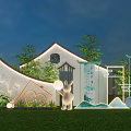 Floral Art Installation in Chinese style Courtyard With Rabbit Sculpture Greenery And Calligraphy Screens