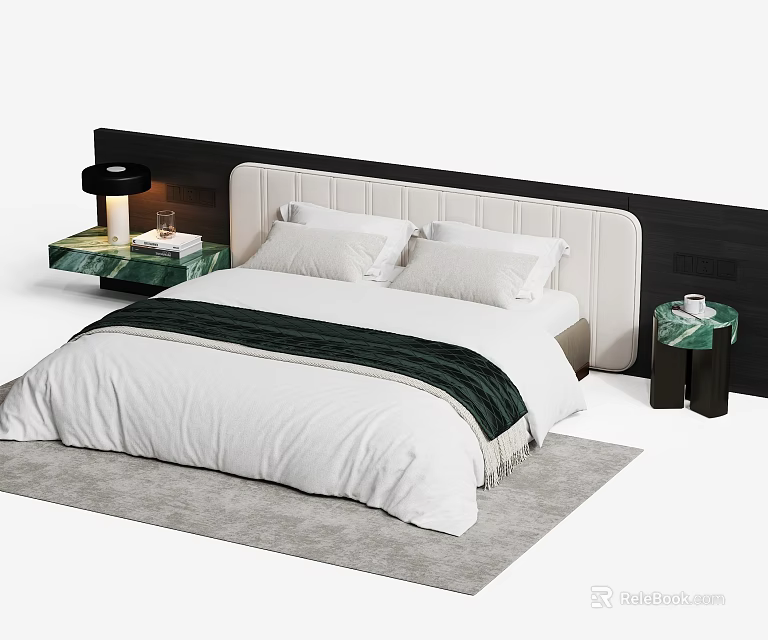 Modern Double Bed With White Sheets Green Blanket Marble Nightstands Table Lamp And Rug 3d model 