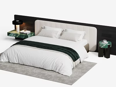 Modern Double Bed With White Sheets Green Blanket Marble Nightstands Table Lamp And Rug 3d model