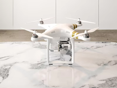 Smart White Drone With Camera On Marble Countertop And Wooden Floor 3d model