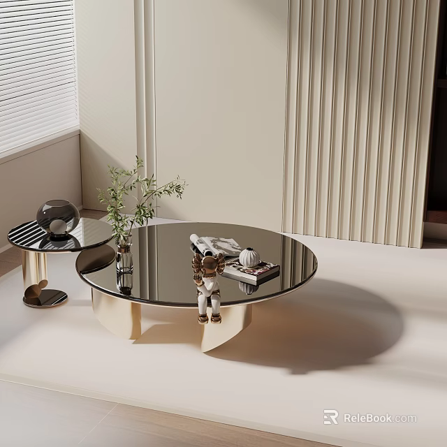 Modern Round Glass Coffee Table Set With Gold Base Black Side Table And Green Plant 3d model 