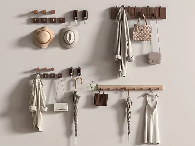 Minimalist Wooden Wall Mounted Coat Hangers With Hats Bags Coats Umbrella And Dress 3d model