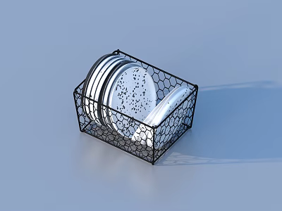 Dinnerware Set in Black Wire Basket with Stacked White Plates and Utensils 3d model
