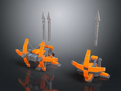 Modern Orange Mechanical Weapon Devices Featuring Suspended Silver Spears Design 3d model