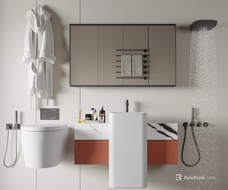 Stylish Bathroom Vanity With White Basin Mirror Cabinet Toilet And Hanging Bathrobe Toiletries 3d model 