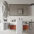 Stylish Bathroom Vanity With White Basin Mirror Cabinet Toilet And Hanging Bathrobe Toiletries
