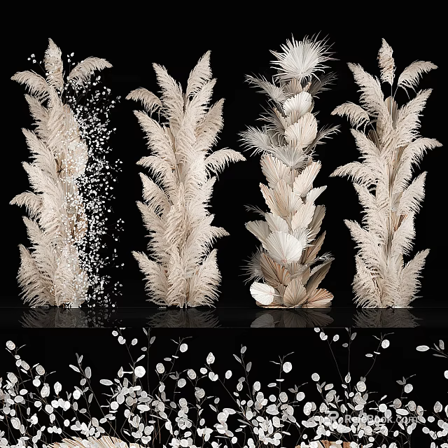 White Feathery Decorative Plants Arranged As Columns On Black Background With Scattered Ornaments 3d model 