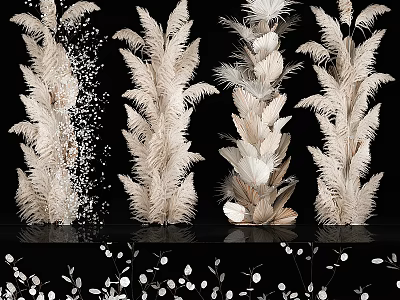 White Feathery Decorative Plants Arranged As Columns On Black Background With Scattered Ornaments 3d model