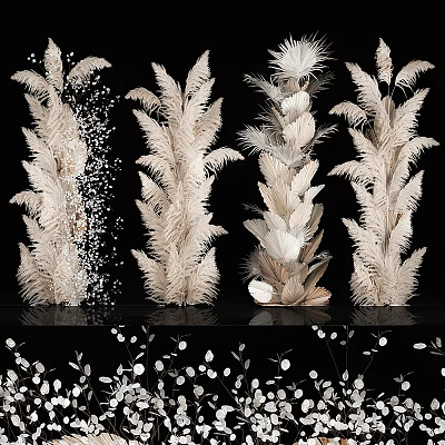 White Feathery Decorative Plants Arranged As Columns On Black Background With Scattered Ornaments 3d model