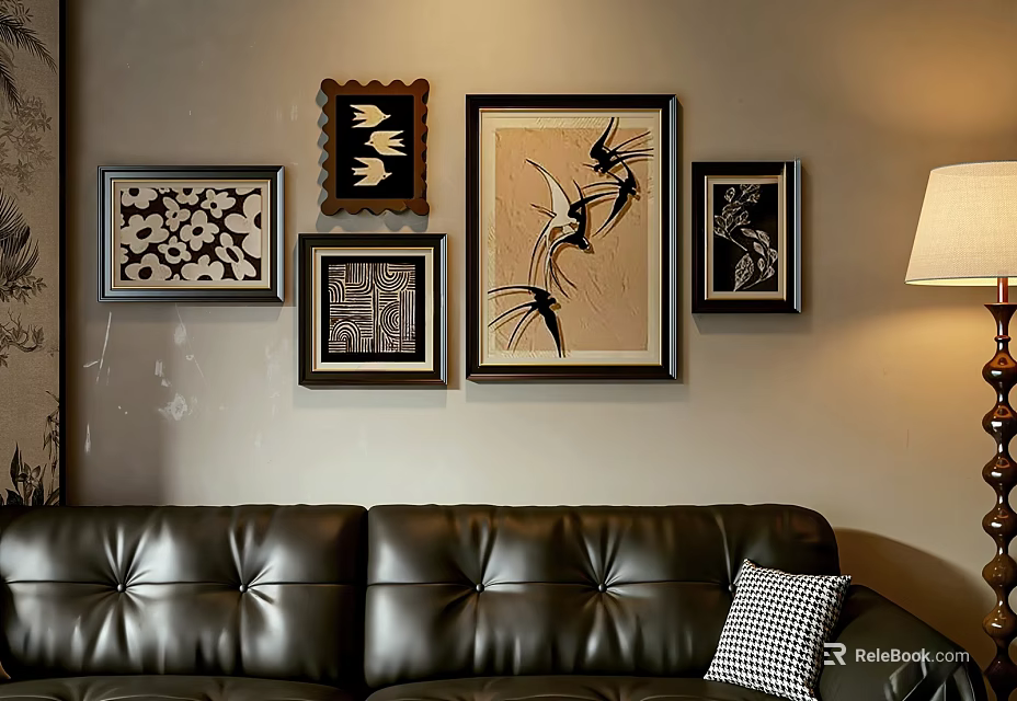 Modern Photo Wall With Black Leather Sofa Checkered Cushion And Table Lamp 3d model 