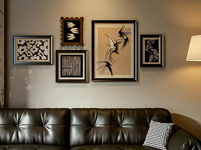 Modern Photo Wall With Black Leather Sofa Checkered Cushion And Table Lamp 3d model