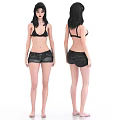 Woman in Black Bikini Top and Black Shorts Front Back View Barefoot White Background 3d model
