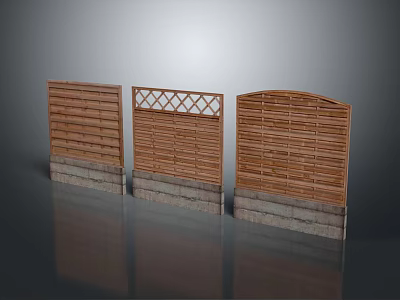 Wooden Garden Fences With Different Designs And Stone Bases For Outdoor Decoration 3d model
