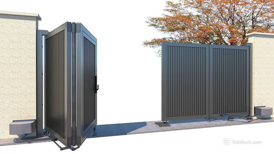Dark Gray Metal Gate With Vertical Slats And Autumn Tree In Yard 3d model 