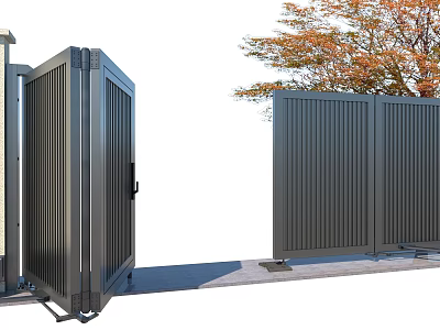 Dark Gray Metal Gate With Vertical Slats And Autumn Tree In Yard 3d model