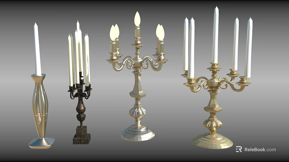 Decorative Candelabra With Ornate Metal Bases And Multiple Candle Arms 3d model 