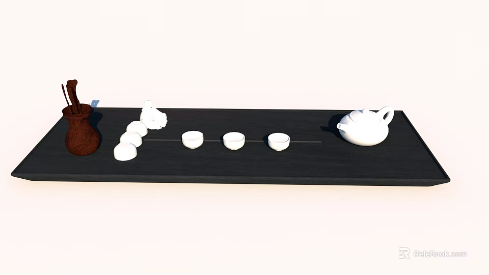 Elegant Tea Set with Brown Teapot White Teapot and Small Round Teacups on Black Tray 3d model 