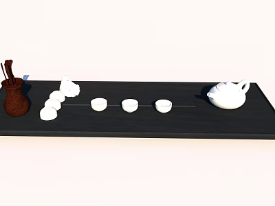 Elegant Tea Set with Brown Teapot White Teapot and Small Round Teacups on Black Tray 3d model