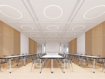 Modern Conference Room Interior With Long Table Chairs Wooden Walls And Circular Ceiling Lights 3d model