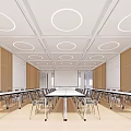 Modern Conference Room Interior With Long Table Chairs Wooden Walls And Circular Ceiling Lights