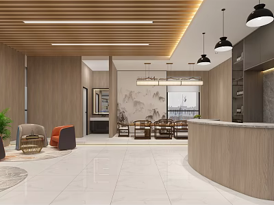 Modern Store Front Desk Interior With Wooden Design Reception Area Seating And Hanging Lights 3d model