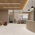 Modern Store Front Desk Interior With Wooden Design Reception Area Seating And Hanging Lights