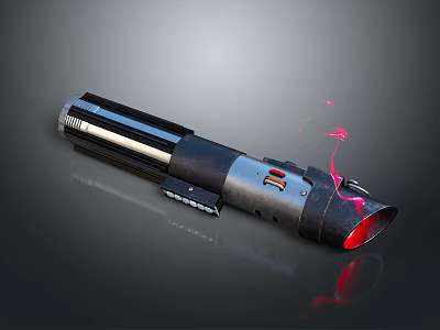 Sci Fi Lightsaber Weapon With Black Metallic Body Red Glowing Blade And Pink Energy Effects 3d model
