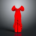 Elegant Red Floor Length Dress With Puffed Sleeves V Neck And Ruffled Hem