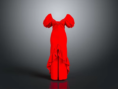 Elegant Red Floor Length Dress With Puffed Sleeves V Neck And Ruffled Hem 3d model