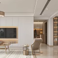 Modern Living and Dining Room Interior With Sofa Coffee Table Area Rug Chandelier And Bookshelf