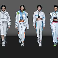 Women Models Walking in White Sportswear with Stylish Details on Gray Reflective Background