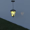 Lantern Shaped Chandelier With Yellow Light Casting Shadow On Wall Above Grass