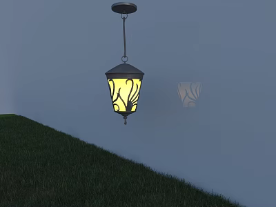 Lantern Shaped Chandelier With Yellow Light Casting Shadow On Wall Above Grass 3d model