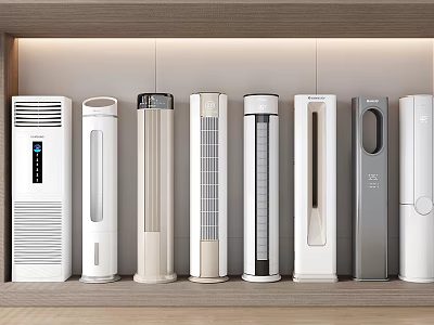 Various Sleek Air Cooler Fans With Different Designs Arranged On Wooden Shelf 3d model