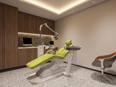 Modern Dental Clinic Interior Featuring Green Chair Brown Cabinets And Medical Equipment 3d model