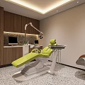 Modern Dental Clinic Interior Featuring Green Chair Brown Cabinets And Medical Equipment