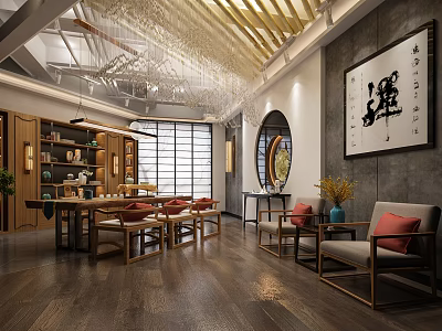 Chinese Teahouse Interior Design Featuring Wooden Tables Chairs Calligraphy Art Round Mirror And Chandeliers 3d model