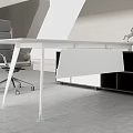 Modern Minimalist Office Desk With White Surface Black Chair And Large Windows