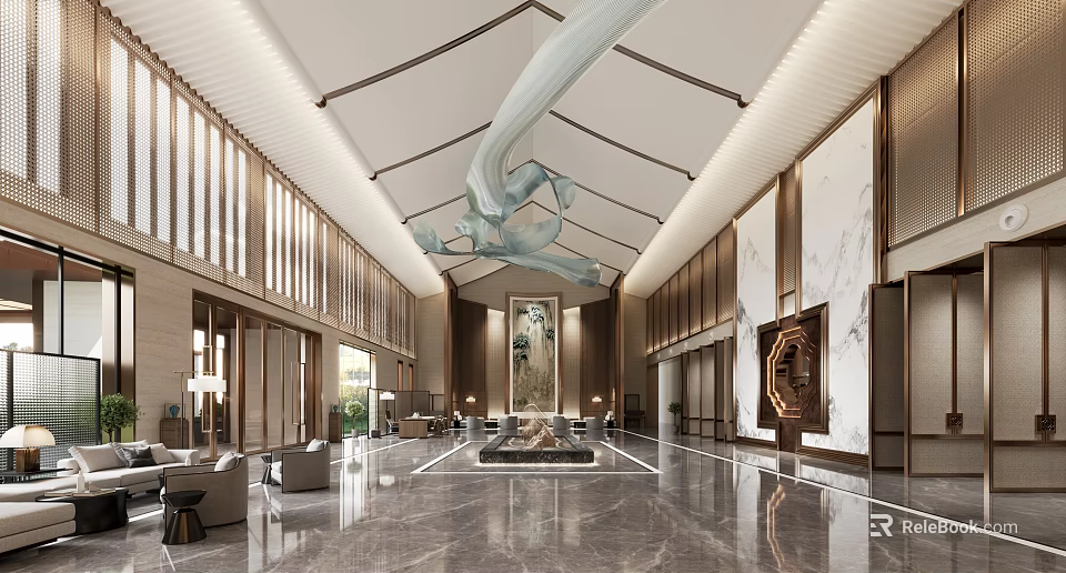 Chinese Style Hotel Lobby With Spacious Interior Elegant Chandelier Marble Floor And Wooden Decor 3d model 